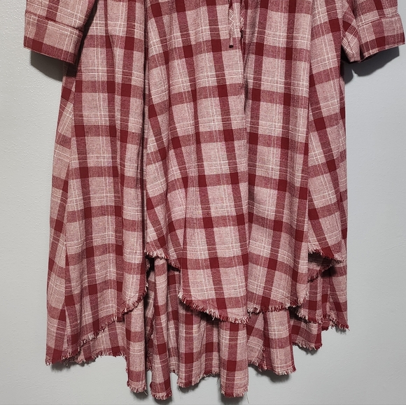 JODIFL Plaid Midi Shirt Dress Womens Large Red Burgundy Boho Cottagecore Western - Picture 5 of 15